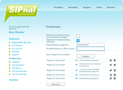 SIPnal SIP Trunk User Interface