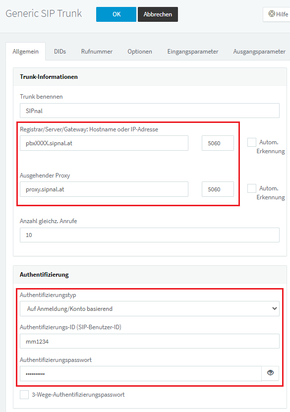 SIPnal Trunk Benutzerdaten eintragen