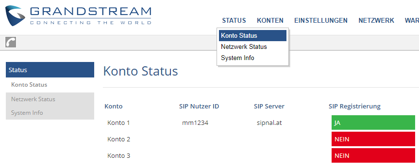 SIP Trunk Grandstream GXP16XX Status prüfen