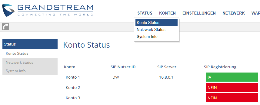 SIPnal Hosted Telefonanlage und Grandstream GXP 16xx VPN Status prüfen