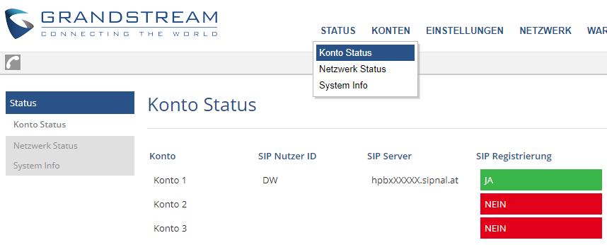 SIPnal Hosted Telefonanlage und Grandstream GXP 16xx Status prüfen