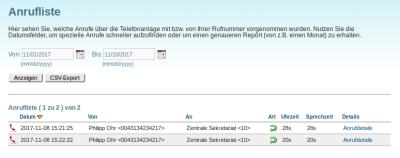 Telefonanlage User-Interface Anrufliste - Ansicht