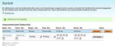 Telefonanlage User-Interface Zeitrahmen - Zeiten Beispiel