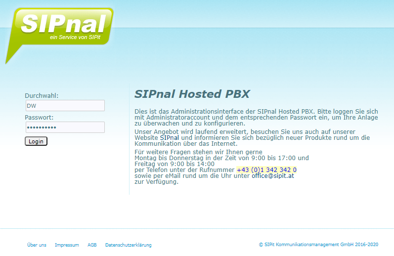 SIPnal Hosted Telefonanlage Login